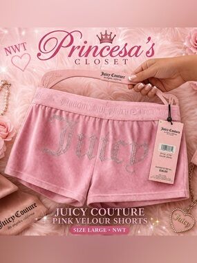 🌸Juicy Couture Pink Velour Rhinestone Logo Shorts 💎 NWT Size L🌸